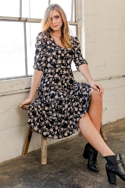 Ada's Black And Ivory Floral Print Dress
