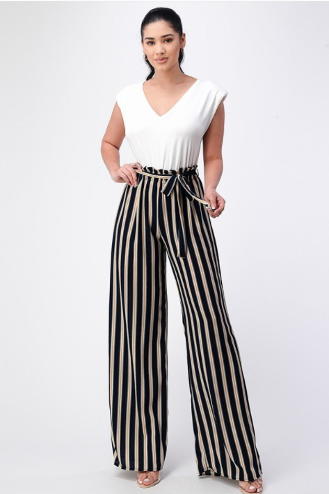 Elizabeth's Wide Leg Jumpsuit With V Neck And Shoulder Pad