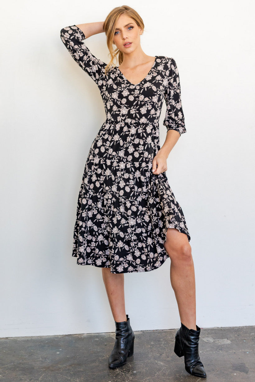Ada's Black And Ivory Floral Print Dress