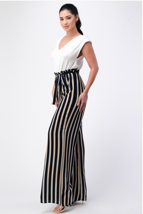 Elizabeth's Wide Leg Jumpsuit With V Neck And Shoulder Pad