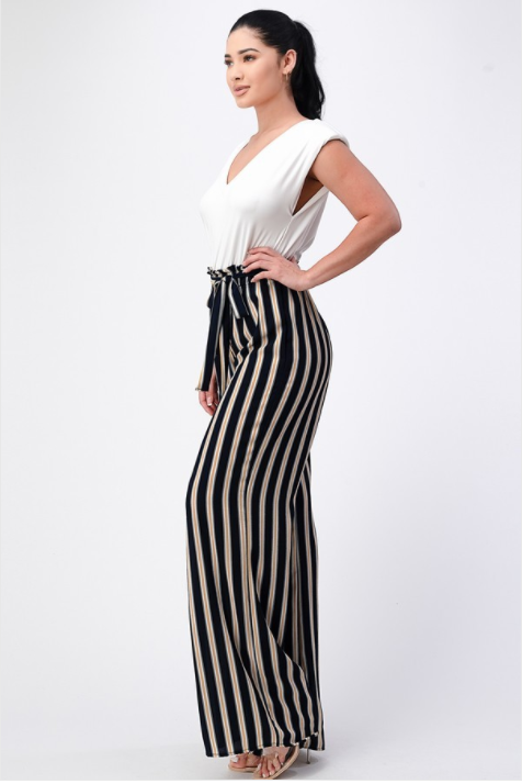 Elizabeth's Wide Leg Jumpsuit With V Neck And Shoulder Pad