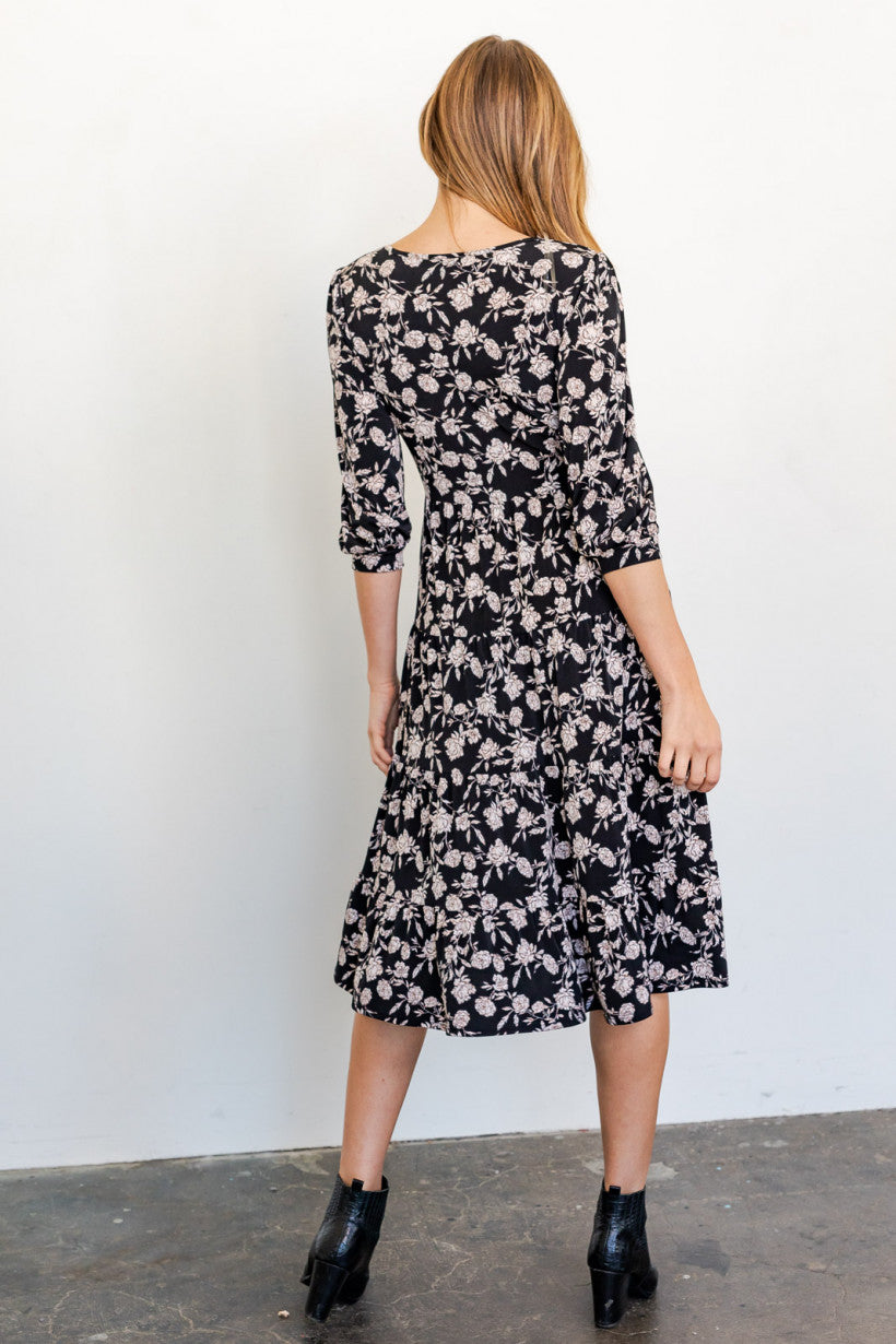 Ada's Black And Ivory Floral Print Dress