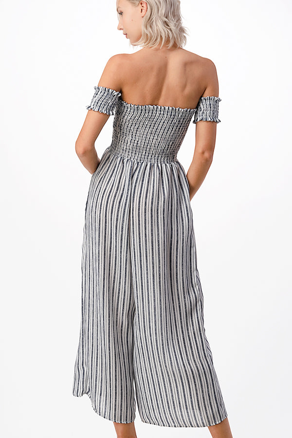 Julia's Smocked Denim Striped Jumpsuit