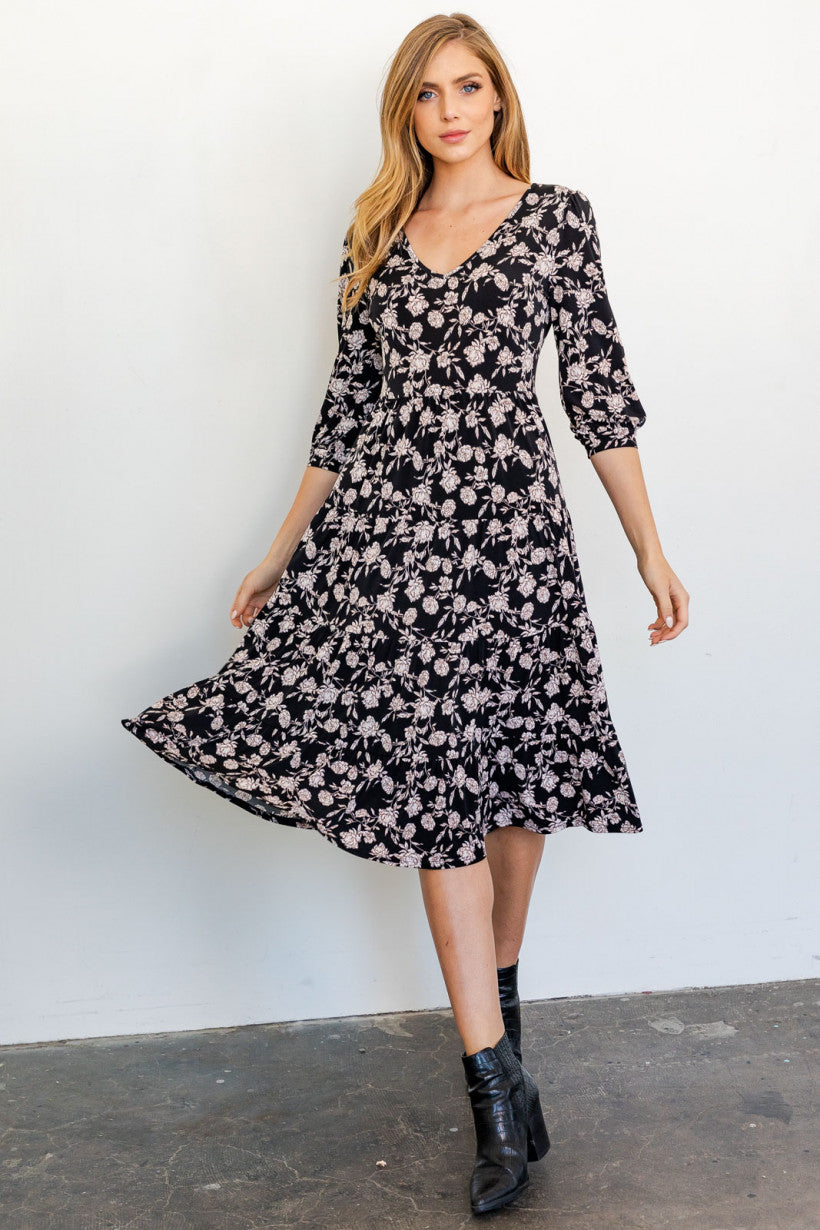 Ada's Black And Ivory Floral Print Dress