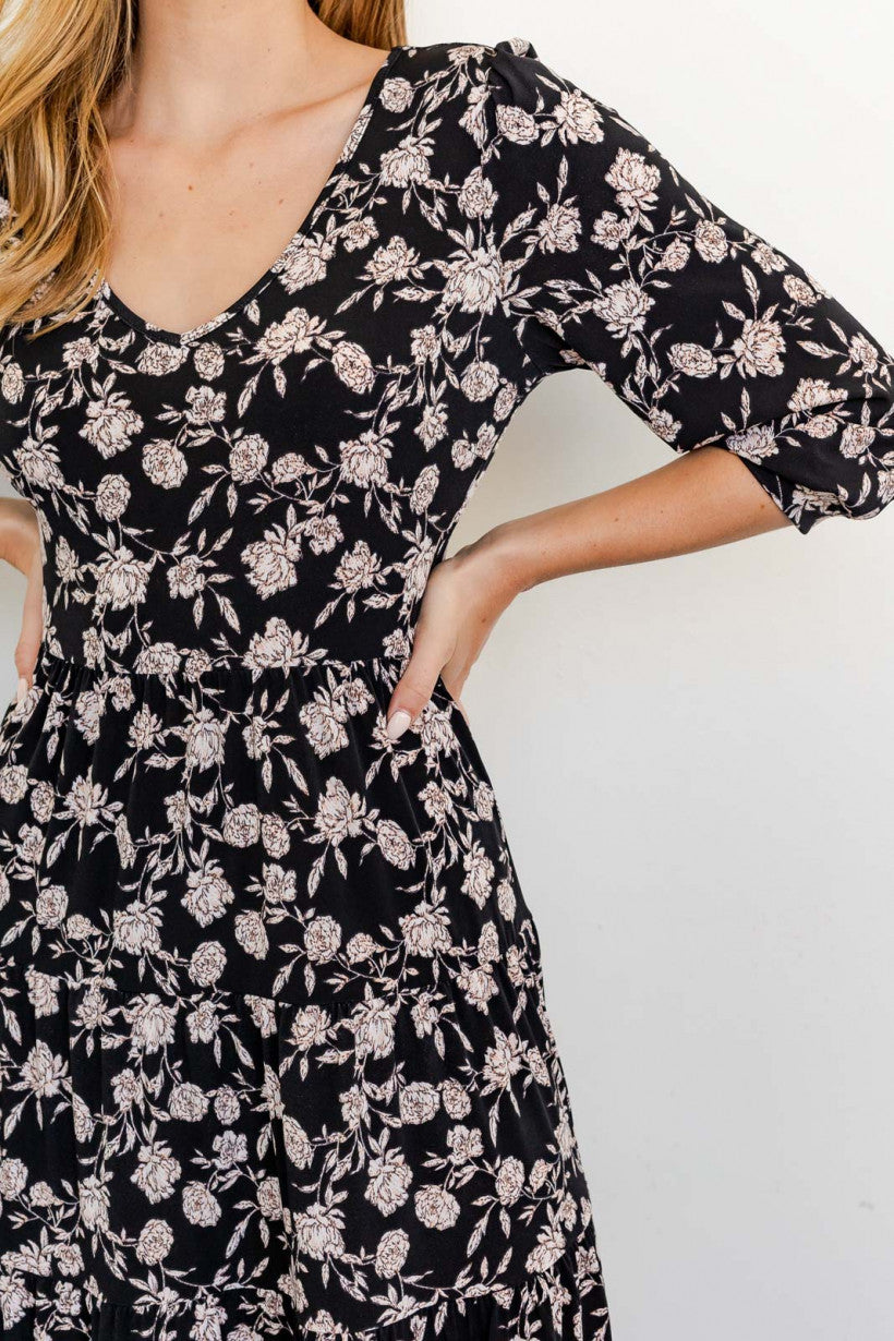 Ada's Black And Ivory Floral Print Dress