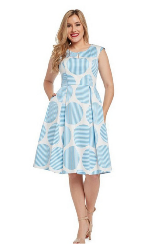 Lula's Light Blue Midi Dress With Box Pleated Skirt And Round Neck With Slit
