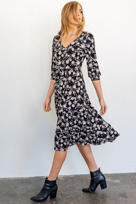 Ada's Black And Ivory Floral Print Dress