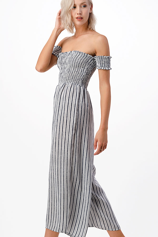 Julia's Smocked Denim Striped Jumpsuit