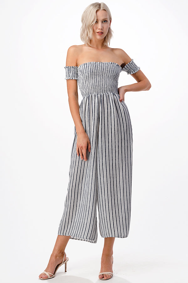 Julia's Smocked Denim Striped Jumpsuit